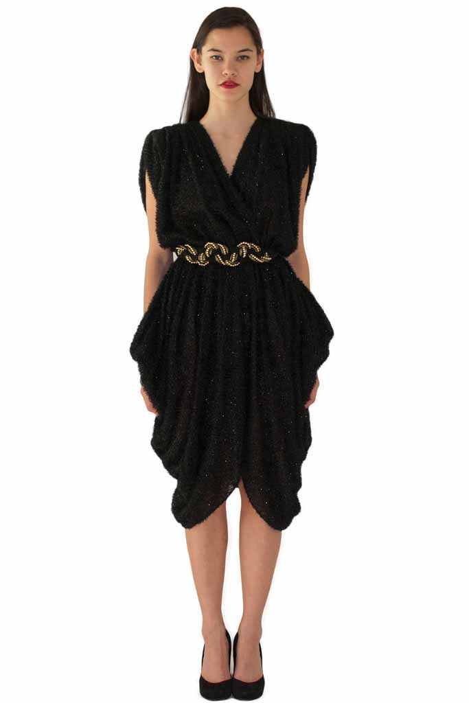 Black Metallic Textured Draped Dress